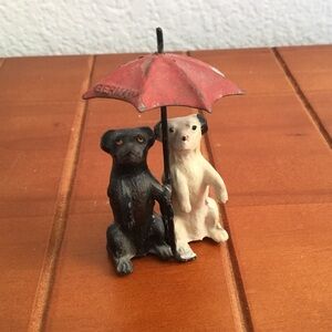 Antique Georg Heyde Marked German Metal Sitting Dogs Under Red Umbrella